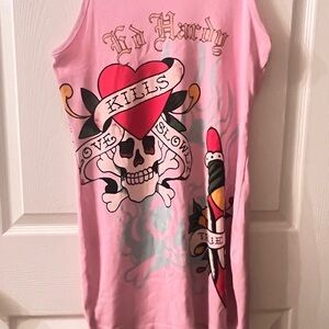 Ed Hardy Pink Tank Top with Tattoo Skull & Heart Graphic